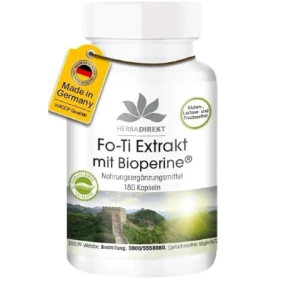 Abbildung von Fo Ti Kapseln mit Bioperine 180 vegan Extrakt HERBADIREKT by Warnke Vitalstoffe Deutsche Apothekenqualität