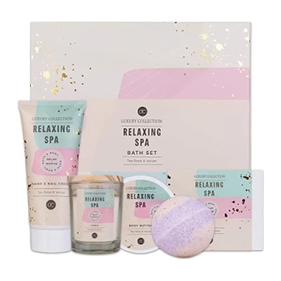 Abbildung von accentra Geschenkset Frauen RELAXING SPA 5 teilig Badeset mit Duftkerze, Seife, Handcreme, Körperbutter &amp; Badebombe Wellness Set für Mädchen zum Geburtstag besonderen Anlässen