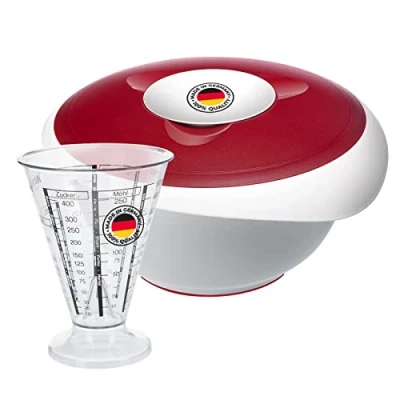 Abbildung von Westmark Back Set: 1 Rühr /Backschüssel mit zweigeteiltem Deckel (3,5 l) + Messbecher Feinmesskegel, Kunststoff, Weiß/Rot/Klar, 315522E8