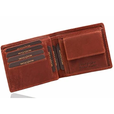Abbildung von MATADOR Herren Geldbörse Portemonnaie Leder Viele Fächer Querformat Männer Geldbeutel mit RFID Schutz Echtleder Brieftasche Portmonee Karten Cardholder Vintage Braun