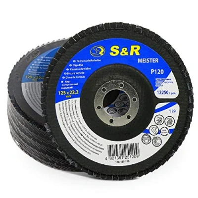 Abbildung von S&amp;R Fächerschleifscheiben Set 5 teilig für Winkelschleifer Körnung 120, 125 x 22,2 mm, Schleifscheiben, Lamellenscheiben, Schruppscheiben, Fächerscheiben, zum schleifen von Holz, Metall, Stahl