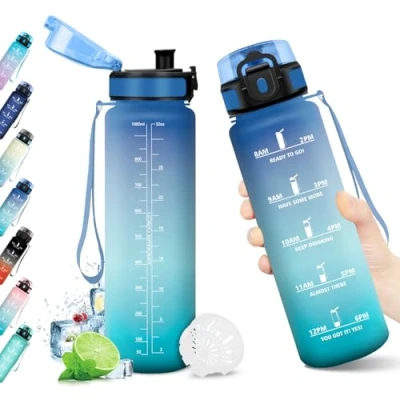 Abbildung von Trinkflasche 1L, BPA frei, Wasserflasche mit Filter und Zeitmarkierung, Auslaufsicher, Kohlensäure Geeignet, für Kinder, Erwachsene, Gym, Camping, Fahrrad, Yoga, Sport