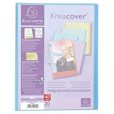Abbildung von Exacompta 5810E Sichtmappe KreaCover Pastell aus Kunststoff DIN A5 mit 20 Klarsichthüllen, 40 Sichten, Tasche am Vorderdeckel zum selbstgestalten, Aktenhülle, Prospekthülle, 1 Stück Zufallsfarbe