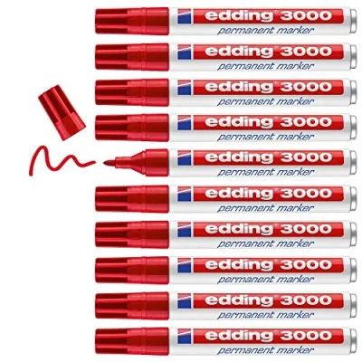 Abbildung von edding 3000 Permanentmarker rot 10 Stifte Rund Spitze 1,5 3 mm schnell trocknender Permanent Marker wasserfest, wischfest für Karton, Kunststoff, Holz, Metall Universalmarker
