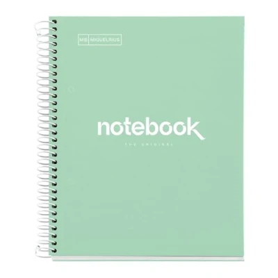 Abbildung von Miquelrius Notizbuch A5 Notebook, 1 farbiger Streifen, 80 Blatt mit raster 5 x mm, Papier 90 g/m² mikroperforiert 2 Bohrungen für Ringe, Einband aus Karton, Farbe Mintgrün