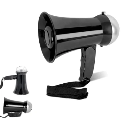 Abbildung von FISHTEC Einziehbare Mini Megaphon Leistungsstarke Sprachtür 5W Lautsprecher und Sirene Funktion Einstellbare Lautstärke Funktioniert mit 6 AA Batterien 17cm Länge Schwarz Silber