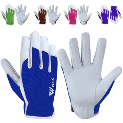 Abbildung von WFX Leder Arbeitshandschuhe für Gartenarbeiten, atmungsaktiv, dornensicher, Handflächenbau, strapazierfähig, Gartenhandschuhe, Damen und Herren, Gripper Utility (blau, L)