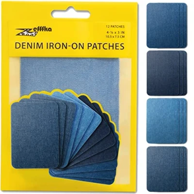 Abbildung von ZEFFFKA Jean Flicken zum Aufbügeln für Innen und Außen Stärkster Kleber 100% Baumwolle Verschiedene Blautöne Reparatur Dekorationsset 12 Stück Größe 3&quot; x 4 1/4&quot; (7,5 cm 10,5 cm)