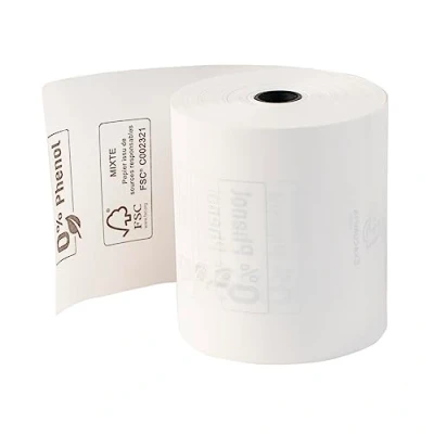 Abbildung von Exacompta 43818E 30er Pack Thermopapierrollen 1 lagig Breite: 80mm, Länge: 76m, Durchmesser Kern: 12mm 55g/m² rückseitig bedruckt für Kassen Kassenrolle Phenolfrei