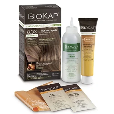 Abbildung von BIOKAP RAPID Permanente Haarfarbe 8.03 Helles Naturblond NUR 10 MINUTEN EINWIRKZEIT Bio Arganöl TricoREPAIR Komplex VEGAN Optimale Grauabdeckung Bis zu 80% natürliche Inhaltsstoffe
