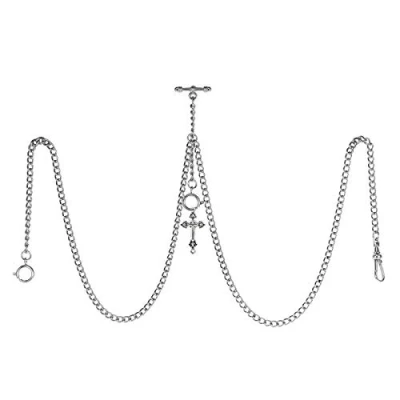 Abbildung von TREEWETO Taschenuhrkette mit T Bar Endstück Gesamtlänge 72cm Doppel Albert Taschenuhr Kette Antiker Kreuz Anhänger und 3 Haken für Weste Knopfloch Silber