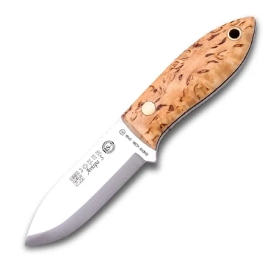 Abbildung von Joker Bushcraft Messer Avispa S CL121, Griff aus lockigem Birkenholz, Gürtelmesser mit 8 cm Klinge Wirbelsäulengriff, inkl. brauner Lederscheide, Werkzeug zum Angeln, Jagen, Camping und Wandern