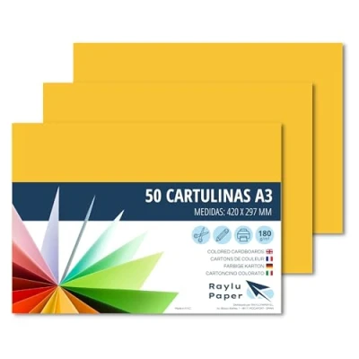 Abbildung von RAYLU PAPER Tonpapier A3, 50 Stück Kartonpapier 180g/m², 297 x 420 mm, professionelle farbige Kartons für Büro, Kopierpapier, Buntes Papier zum Basteln (Kanariengelb)