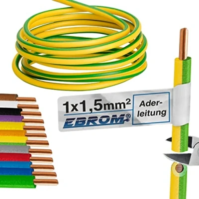 Abbildung von EBROM Aderleitung Einzelader starr PVC Leitung Verdrahtungsleitung H07V U 1,5 mm² mm2 Farbe: grün gelb, viele Längen wählbar, von 10 Meter bis 100 Ihre ausgewählte Länge: m