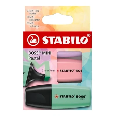 Abbildung von STABILO Textmarker BOSS MINI Pastel 3er Pack Schimmer von Lila, rosiges Rouge, Hauch Minzgrün