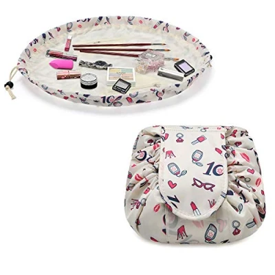 Abbildung von URAQT Kordelzug Kosmetiktasche, Tragbare Make Up Beutel, Multifunktion Reise Kulturtasche, Travel Makeup Tasche, Beige Lippenstift Muster