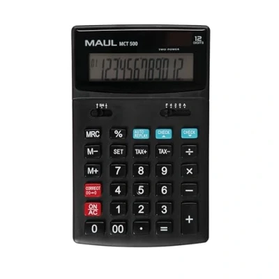 Abbildung von Maul Kaufmännischer Taschenrechner MCT 500 Rechner mit kaufmännischen Funktionen und 12 stelligem Display große, angewinkelte Anzeige inkl. Steuerberechnung Solar/Batterie Schwarz
