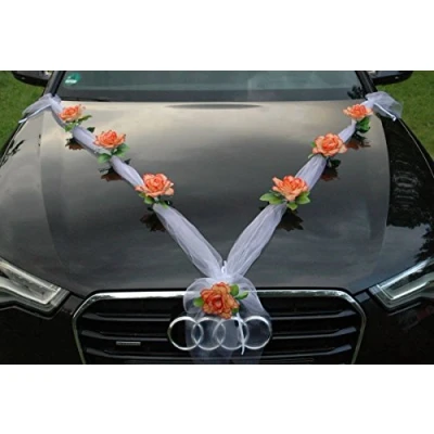 Abbildung von Organza M Auto Schmuck Braut Paar Rose Deko Dekoration Autoschmuck Hochzeit Car Wedding (Orange/Weiß)