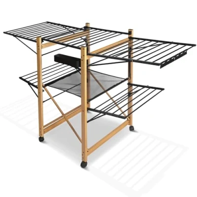 Abbildung von VOUNOT Wäscheständer ausziehbar, Standtrockner aus Rostfreier Stahl, Flügelwäschetrockner Wäschetrockner mit Rollen &amp; Trockenlänge 30m, platzsparend, klappbar 180x105x61cm, in Holz Imitiert Schwarz