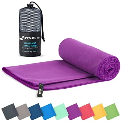 Abbildung von Fit Flip Mikrofaser Handtuch kompakte Microfaser Handtücher ideal als Sporthandtuch, Reisehandtuch, Strandtuch schnelltrocknend und leicht Badetuch groß (70x140cm, Lila)