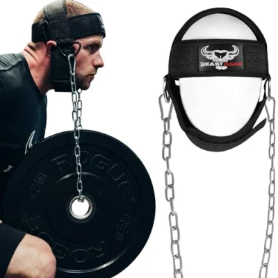 Abbildung von BEAST RAGE Kopfgeschirr, Halstauchen, strapazierfähig, lange Stahlkette, verstellbar, Fitness Halsgeschirr, Gewichtheben Neopren gepolsterter Widerstandstraining Muskelkraft Erholungsgürtel Herren