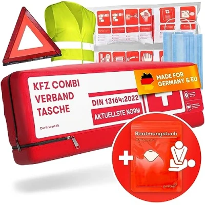 Abbildung von PURAHELP KFZ Kombitasche nach aktueller Norm 2024 DIN 13164 (StVO konform) Inkl. Warndreieck, Warnweste Verbandskasten Warndreieck Set Auto 2025