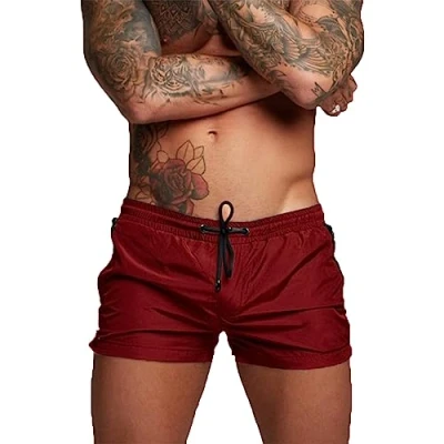 Abbildung von TMEOG Badeshorts für Herren, Badehosen Kurz Badehose Männer Schwimmhose Boxer Badepants Wassersport Kurze Hose Schnelltrocknend Schwimmshorts mit Reissverschluss(Rot)