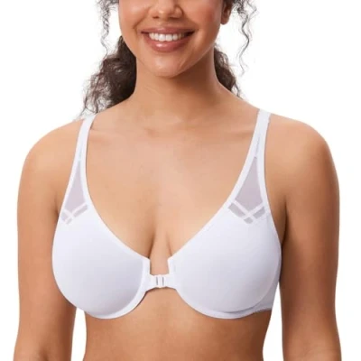 Abbildung von DELIMIRA Damen Vollschalen Vorderverschluss Seamless BH mit Bügel Ungepolster BHS Große Brüste Racerback Weiss 75B