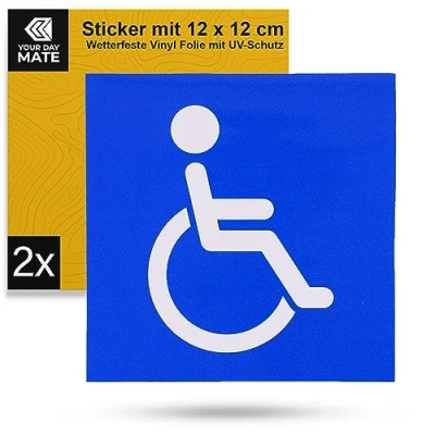 Abbildung von Aufkleber für Rollstuhlfahrer, 2 Stück, 12 x cm, selbstklebende Folie, außenklebend, Behindertenschild Auto, Tür, Wand, Hinweis Behinderung, Klebesticker Rollstuhl Fahrer, Klebepad Behinderter