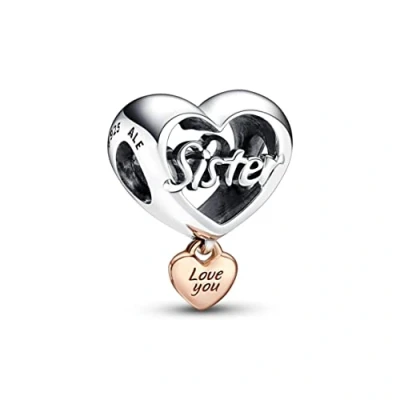 Abbildung von PANDORA „Love You Sister“ Herz Charm aus Sterling Silber und 14 Karat rosévergoldeter Metalllegierung Kompatibel mit Moments Armbänder