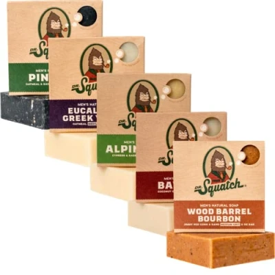 Abbildung von Dr. Squatch Natürliches Seifenstück für Männer, 5er Pack zur Auswahl Alpensalbei, Lorbeer Rum, Kiefern Teer, griechischer Eukalyptus Joghurt, Holzfass Bourbon