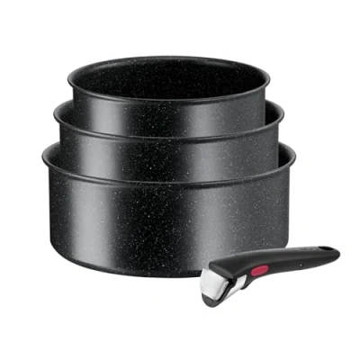 Abbildung von Tefal L39996 Ingenio Black Stone 4 teiliges Kasserollenset stapelbar Antihaftversiegelung induktionsgeeignet Thermo Signal Temperaturanzeiger Schwarz