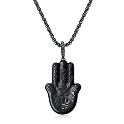 Abbildung von COAI Geschenkideen Unisex Edelstahl Halskette Obsidian Anhänger mit Gravur Hand der Fatima