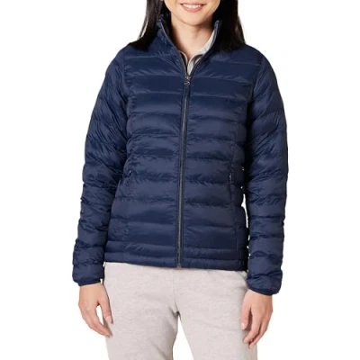 Abbildung von Amazon Essentials Damen Leichte, langärmelige, Wasserabweisende, packbare Pufferjacke (in Übergröße erhältlich), Marineblau, L
