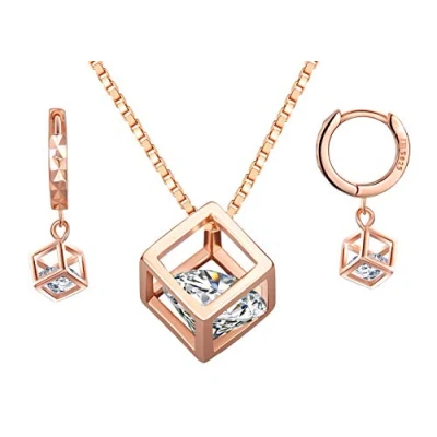Abbildung von Yumilok Damen Ohrstecker Halskette Kette mit Zauberwürfel Würfel Anhänger Zirkonia Solitär Ohrringe Creolen Schmucksets Geschenk für Frauen Mädchen Roségold