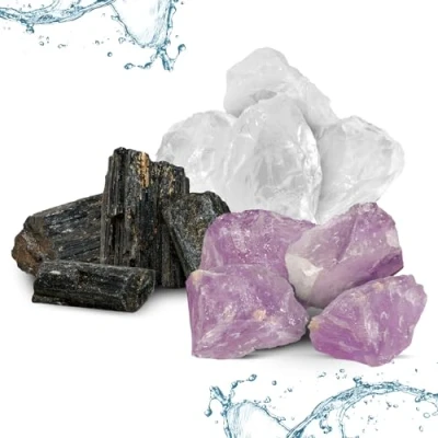 Abbildung von PURAJA Edelsteinwasser Schutz &amp; Befreiung Mischung Premium Heilsteine Set zur Wasseraufbereitung: Turmalin, Amethyst, Bergkristall Natürliche Wassersteine für Trinkwasser