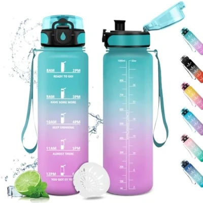 Abbildung von Wasserflasche Sport 1L, Motivierende Trinkflasche mit Zeitmarkierung, Auslaufsicher Filter, Kohlensäure Geeignet, Sportflasche für Gym, Fitness, Büro, Schule, Yoga, Outdoor