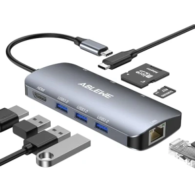 Abbildung von USB C Hub ABLEWE 8 in 1 Adapter mit 1000M Ethernet RJ45 LAN, 4K HDMI, 87W PD, SD/TF Kartenleser, 3*USB 3.0 Ports, Multiport für Laptop MacBook Pro Air M1 M2, HP, Dell, Surface
