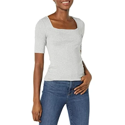 Abbildung von Amazon Essentials Damen Halbarm T Shirt mit eckigem Ausschnitt in schmaler Passform, Hellgrau Meliert, XL