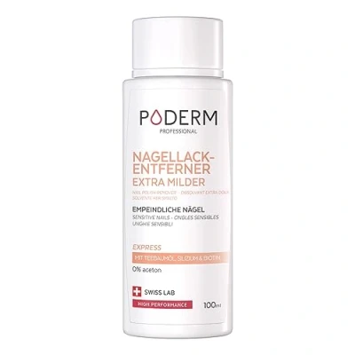 Abbildung von PODERM NAGELLACKENTFERNER EXTRA SANFTER MIT TEEBAUM Schnelle &amp; einfache Nagellackentfernung Acetonfrei Stärkend nährend für die Nägel Ideal empfindliche 100 ml Swiss Lab