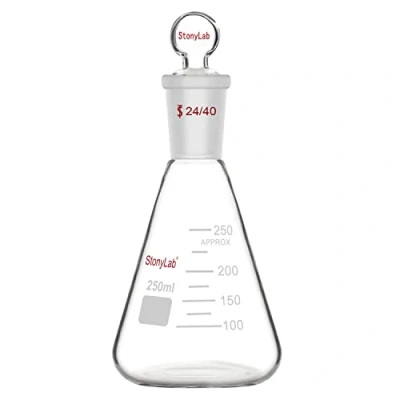 Abbildung von stonylab Glas Erlenmeyer Flasche mit Stopper, 250 ml Borosilikatglas Schwere Mauer Kolben 24/40 Standard Kegel Außenfuge und Glasstopper