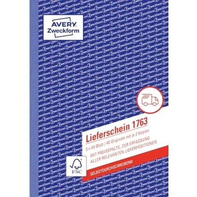 Abbildung von AVERY Zweckform 1763 Lieferschein mit Preisspalte (A5, 3x40 Blatt, selbstdurchschreibend farbigen Durchschlägen, zur Erfassung aller relevanten Lieferpositionen) weiß/gelb/rosa