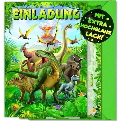 Abbildung von 12x Dinosaurier EINLADUNGSKARTEN KINDERGEBURTSTAG Junge Mädchen + Umschläge die Dino PARTY Karten sind EINLADUNG für Jungen Kinder GEBURTSTAG KINDERPARTY