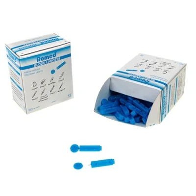 Abbildung von Romed Blutlanzetten für Stechautomat, mit Tri bevel, blau, 100 Stück