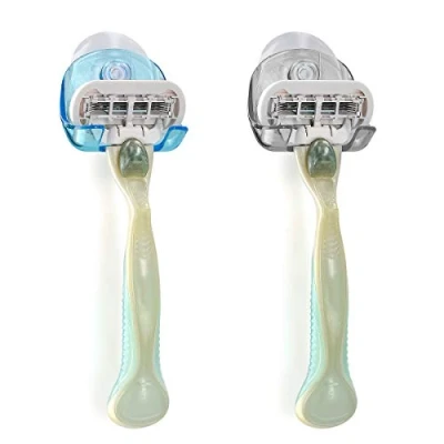 Abbildung von kwmobile 2x Saugnapf Halterung für Rasierer Glas und Fliesen Nassrasierer Halter Set Wand Haken in Schwarz Hellblau Transparent