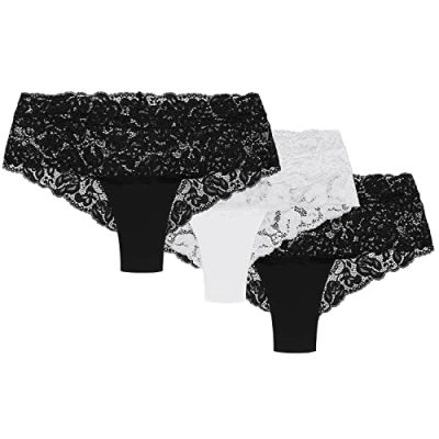 Abbildung von Wolbar Damen Shorts 3Er Pack Spitze Pantys Slips Boxershorts Hipster Unterwäsche WB413, Schwarz Weiß,L
