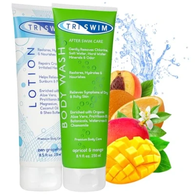 Abbildung von TRISWIM Anti Chlor Kosmetikpaket für Schwimmer, Duschgel und Intensiv Regenerierende Bodylotion, Damen Herren Wäscht Poolchemikalien Weg 251+250 ml