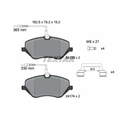 Abbildung von TEXTAR 2413301 Bremsbelagsatz mit integriertem Verschleißwarnkontakt Bremssattelschrauben Zubehör CITROËN: C5 III Estate, 3, C6 Saloon