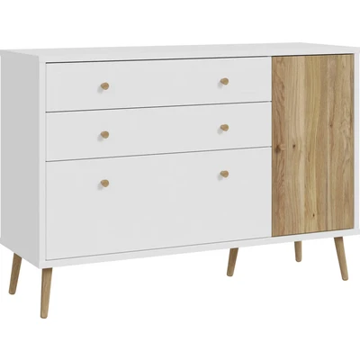 Abbildung von Forte Harllson, einfache Montage Dank EasyKlix Kommode Weiß mit Holzdekor: Mauvella Eiche, 120 130, Sideboard, 2 Schubladen Türen, Mid Century, 125 cm breit x 86 hoch 41 tief