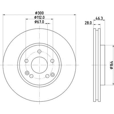 Abbildung von HELLA PRO High Carbon 8DD 355 127 561 Bremsscheibe 300 28 05/07 112 innenbelüftet beschichtet hochgekohlt ohne Radbefestigungsbolzen, Radnabe